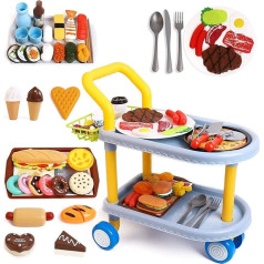 Children's Food Trolley Car, Children's Role Play Large Dining Car Toy and 98 Pieces Food, Kitchen, Tableware Accessories, Educational Toy for Boys/Girls 3+ Years