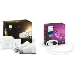 Philips Hue White E27 Starter Set with Smart Button and Hue Bridge, 2 x 1055 lm and White & Colour Amb. Lightstrip Plus 2 m Base, 1600 lm, 16 Million Colours