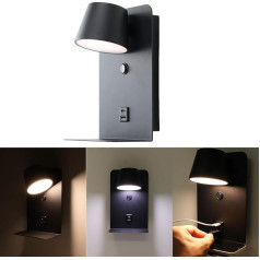 Alpinaluz 6W Black LED Swivelling Wall Light with Adjustable Shade (3000K/4000K/6000K) Switch USB Charging Port Type C and A Aluminum Bracket 14cm for Headboards and Bedside Tables