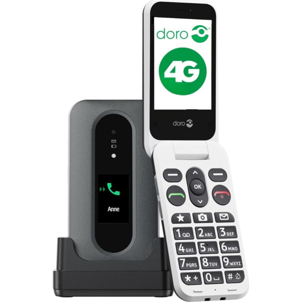 Doro - Leva L30 - Senior Mobile Phone - 4G Folding Mobile Phone without Contract - External Display - HD Audio Quality - Camera - Emergency Button with GPS - Including Charging Station - Black/White