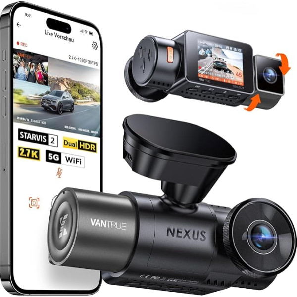 VANTRUE N2X 2.7K+1080P Dashcam Car Front Indoor, STARVIS 2 Dual HDR Night Vision Dash Cam, 2.5K/60FPS Front, GPS, 5GHz WiFi, App & Voice Control, 2 Inch 323° Dash Cam 24/7 Parking Mode, G Sensor, Max.