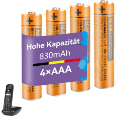 NI-MH Battery 830 mAh (1.2 V) for Panosonic Cordless Phones, HHR-83AAABU Rechargeable Batteries AAA for Gigaset Handsets - Pack of 4