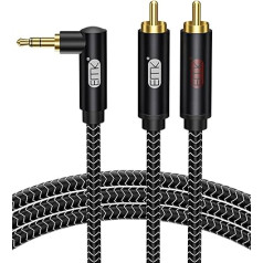 EMK RCA Cable Rectangular Angle 3.5 mm to 2RCA Cable 90 Degree RCA Audio Cable Y Splitter RCA (R&L) Nylon Braided AUX Cable for Smartphone, Speaker, Soundbar, TV, Car Stereo (3 Metres)