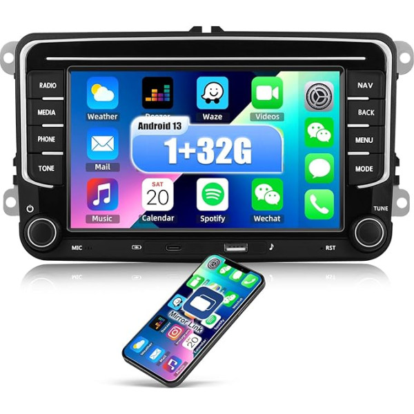 CAMECHO Android 13 Car Radio for VW Golf 5 Polo Skoda with Navi Bluetooth, 7 Inch Double DIN Car Radio Touch Display with Mirror Link FM/RDS WiFi SWC and USB