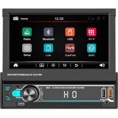 Rimoody Autoradio 1 Din mit Bluetooth Freisprecheinrichtung IOS/Android Mirror Link 7 Zoll Ausfahrbarem Autoradio mit Bluetooth FM Radio/USB/AUX/Type C Charge Lenkradsteuerung Rückfahrkamera