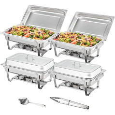 VEVOR Chafing Dish Professional Set, 4 x Heat Containers, Stainless Steel Buffet Set, Rectangular, 4 x 7.5 L, Food Warmer 53 x 32.5 x 6.5 cm, Each Container, for Buffets, Family Parties, Banquets,