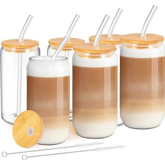 MEIMUCUL Glass with Lid and Straw, Iced Coffee Glasses 500 ml, Set of 6 Smoothie Glasses, Can-Shaped Glass Cups, Drinking Glasses with Straw and Lid for Latte, Macchiato, Smoothie, Ice Coffee