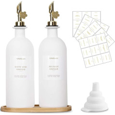 sunal Olive Oil Dispenser Bottles, 500 ml/16.9 oz Olive Oil Dispenser Set with Tray, Pack of 2 Glass Oil and Vinegar Dispenser Set with Weighted Spout and Waterproof Label & Silicone Funnel, White