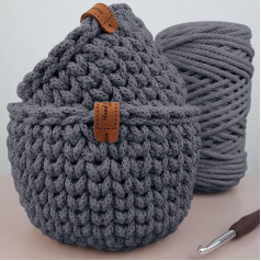 LIDAM 2 Baskets Crochet Made of Cotton Yarn, Crochet Set for Beginners + Video Instructions, Cotton Knitting Hose, Crochet Hook, Leather Labels, Easy Crochet for Beginners (Grey)