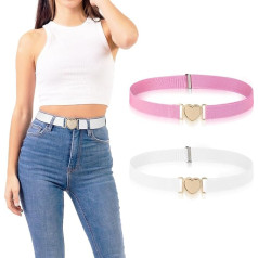 Nogeqi Pack of 2 Elastic Belts Girls, Heart Shape Children's Belt, Adjustable Children's Belt, Girls' Stretch Waist Belt, Girls' Belt for Dress, Jeans, Shorts, Trousers (Pink, White), White/pink