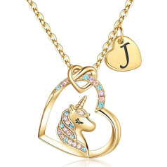TINGN Unicorn Gift for Girls, 14 Carat, Gold-Plated, CZ Necklace with Heart Pendant with Unicorn, for Women, Letter Chain, Gold Unicorn Jewellery