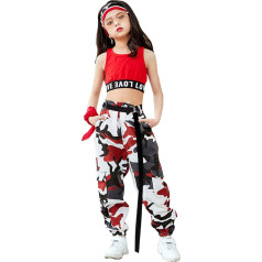 Girls' hip hop street dance clothing set, jazz dance wear, tank top and camouflage pants.