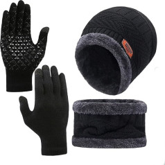 Hat Scarf Gloves Set Men's Hat Scarf Gloves Set Hat Glove Sets for Men and Women Scarf Winter Hat Touchscreen Gloves Scarf Warmer Hat 3 in 1 Set Winter Hat Men, black