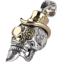 ForFox Gothic 925 Sterling Silver Skull Pendant with Golden Hat Glasses Skull Jewellery for Men Women, Metal, No Gemstone