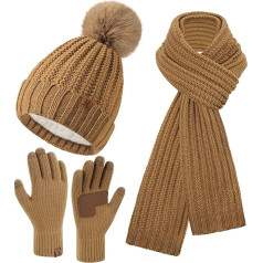 Bequemer Laden Women's Winter Warm Hat Long Scarf Touchscreen Gloves Set, Winter Hat Beanie Knitted Hat with Bobble Scarves Non-Slip Winter Gloves with Fleece Lined Gift Women
