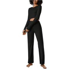 SweatyRocks Women's Two-Piece Top and Trousers Set, Long Sleeve Crop Top with Crew Neck, Flared Trousers, 2-Piece Leisure Suit, Loungewear