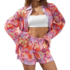 Baggy Top Women's Comfortable Shorts Beach Lightweight High Waist Jogging Suit Women 2-Piece Outfits Casual Long Sleeve Loose Fit Button Down Shirts Blouses Tops Wide Leg Long Sets
