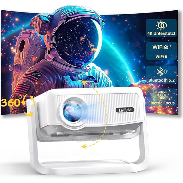 Mini Projector 4K Full HD 1080P Supported, Electric Focus and Car Keystone, WiFi 6 and Bluetooth Projector, 300 Inches, 360 Degree Rotatable Projector, Ideal for Home Cinema and Outdoor, Compatible