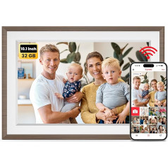 Frameo Digitaler Bilderrahmen, 10,1 Zoll WiFi FRAMEO Digitaler Bilderrahmen WLAN 10,1 Zoll - 1280x800 IPS Touchscreen Digitale Bilderrahme, 32GB Speicher(Holzmaserung Weiß)