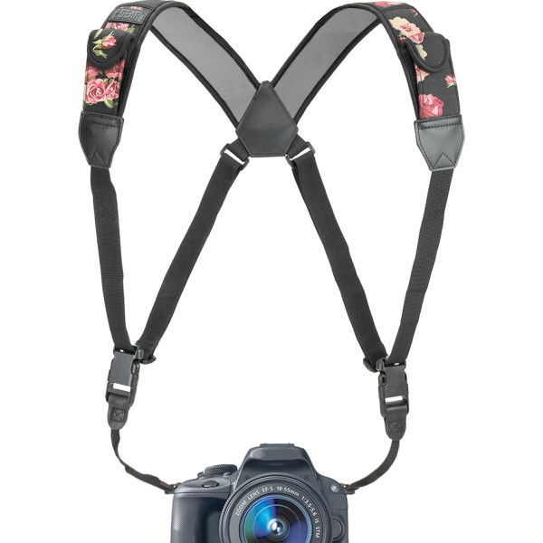 USA Gear DSLR Camera Strap Chest Strap with Quick Releases, Neoprene Floral Pattern and Accessory Pockets - Compatible with Canon, Nikon, Sony and Other Mirrorless Cameras, flowers
