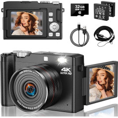 YiFuar 4K Digital Camera 64MP Vlogging Camera with 2.8 Inch 180 Degree Flip Screen, 18X Zoom Camera for Photography with Auto Focus & 32GB Card & 2 Batteries for Teens Students Children Boys Girls