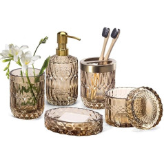 EMPO 6 Piece Clear Glass Bathroom Accessories Set (Lotion Soap Dispenser, Soap Dish, Toothbrush Holder, Tumbler, Cotton Swab Glass) Modern Decoration Crystal Vintage Gift (Brown)