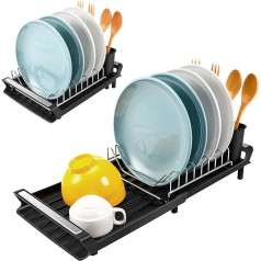 Litimkat Dish Drainer Compact Expandable Dish Drainer with Stainless Steel Cutlery Draining Board, Drip Tray, 28-47 cm (Black)