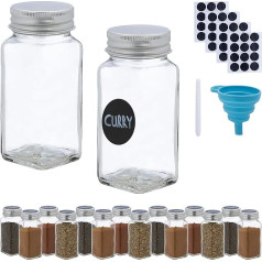 Relaxdays Spice Jars, Set of 16, Shaker Insert, Spice Jars, Glass, 120 ml, Includes Labels, Pen & Funnel, Transparent