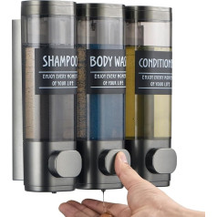 GlintGath Shampoo and Conditioner Dispenser, 3 Chambers, No Drilling Shampoo Dispenser for Shower, Wall Mounted Shower Soap Dispenser for Bathroom, Hotel, 3 x 300ml, Gun Grey