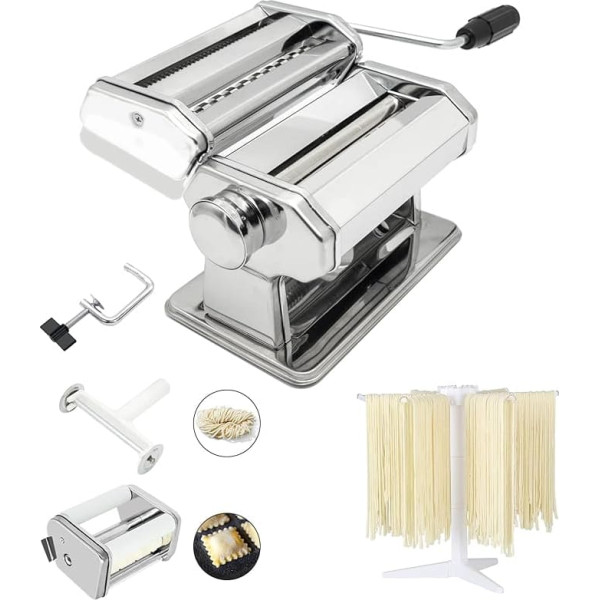 Pasta Maker Machine, Set of 6 150 mm Steel Pasta Machine with 9 Adjustable Thickness Settings, Includes Ravioli Maker Attachment, Pasta Dryer (MZ-150PST)