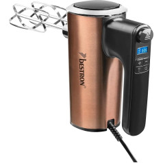 Bestron Power Hand Mixer, Powerful Hand Mixer with 6 Levels, Turbo Function & LCD Display, Mixer with 2 Whisks and 2 Dough Hooks, Lightweight of 1 kg, Colour: Copper