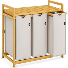 AdelDream Laundry Basket with Bamboo Frame, 150 L, 3 Compartments, Bamboo Laundry Baskets, Arch Design, Laundry Sorter, Light Grey, 06-16