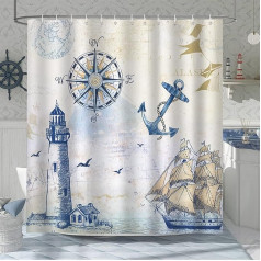 Bonhause Shower Curtain Maritime Nautical Anchor Lighthouse Sailboat Shower Curtains 180 x 200 cm Anti-Mould Waterproof Polyester Fabric Washable Bathroom Curtain for Bathroom with 12 Hooks