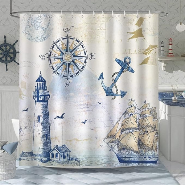 Bonhause Shower Curtain Maritime Nautical Anchor Lighthouse Sailboat Shower Curtains 180 x 200 cm Anti-Mould Waterproof Polyester Fabric Washable Bathroom Curtain for Bathroom with 12 Hooks