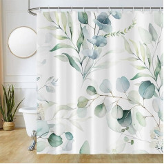 Uiiooazy Green Leaves Shower Curtain, Eucalyptus Leaf Plants Pattern, Bathtub Curtains, Anti-Mould, Waterproof, Polyester Fabric, Washable, Bathroom Curtain with 12 Hooks, 180 x 200 cm