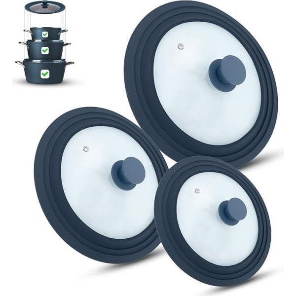 M.S.N Set of 3 Universal Glass Lids, 3-Piece Pots and Pans 16/18/20 cm & 24/26/28 cm & 28/30/32 cm, with Outlet Valve and Silicone Rim (Grey)
