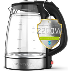 Wasserkocher Doppelwandig Glas 1,7L Ohne Plastik Mit Kalkfilter Heißwasserspender Kleiner BPA-Frei Leise Edelstahl Warmhaltefunktion Kabellos Groß Still LED Heater, Automatische Abschaltung Schwarz