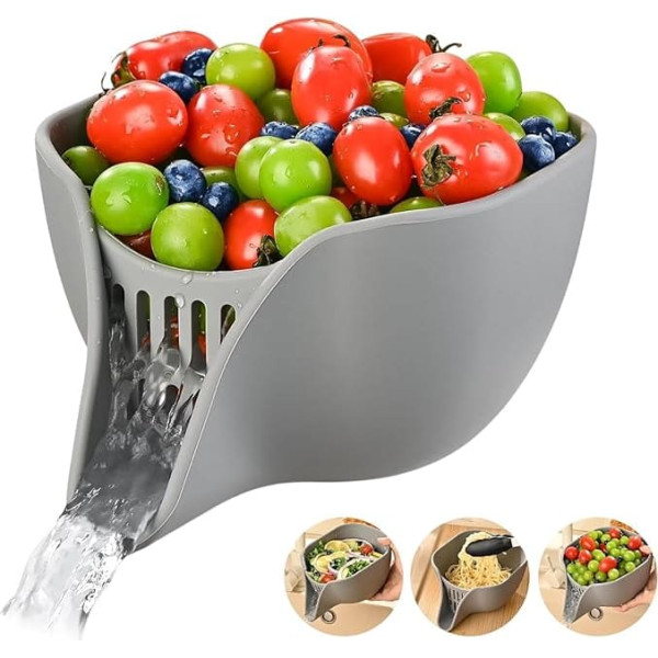 Multifunctional Drainer Basket, Silicone Drain Basket with Funnel Spout, 21 x 11 x 14.5 cm, Kitchen Strainer for Washing Fruits, Berries, Pasta, Vegetables, Salad, Dishwasher Safe (Color : Grey)