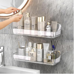 Lermende Bathroom Organiser, Pack of 2 Transparent Shower Shelves, No Drilling, Wall Mounted with Self-Adhesive Tape, Plastic Shower Shelves for Bathroom and Kitchen, Long Version
