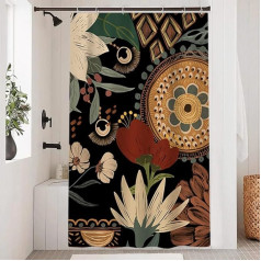 Shower Curtain, Boho Style, Shower Curtain, Abstract Flowers, Vintage Green Leaves, Slim Shower Curtain, Anti-Mould, Waterproof Polyester Fabric, Washable, Opaque Bathroom Curtain with Hooks,