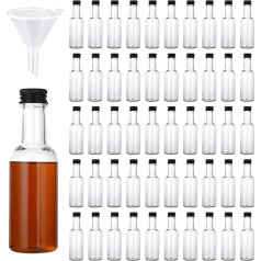 50 Pieces 50ml Liqueur Bottles, Empty Plastic Bottles with Aluminum Lid and Transparent Funnel, Reusable, Transparent, Sauce and Liqueur Bottles for Liquid Storage