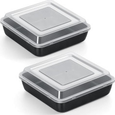 TEAMFAR Casserole Dish Set of 2, Stainless Steel Square Baking Mould with Non-Stick Coating and Airtight Lid, 5 cm Deep Brownie Cake Mould, Baking Tray for Baking, Roasting, Serving, Not Suitable for