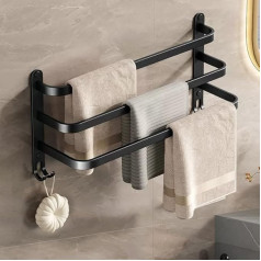 Towel Rail Matte Black, 60 cm, Aluminium Towel Rail, No Drilling, Wall Mounting, Guest Towel Holder, Bath Towel Holder with 2 Hooks, Towel Holder for Bathroom, Kitchen, Toilet (3 Layers)