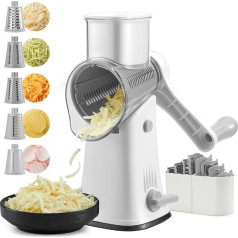 Upgraded Cheese Grater Hand Crank, 5-in-1 Rotary Cheese Grater, Stronger Suction Power, Easy to Clean Grater for Fruit, Vegetables, Nuts, White