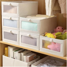 ZPONEED Set of 4 Wardrobe Organiser, Cupboard Organiser Storage Box with Clear, Drawer Organiser System, Organiser Boxes, Foldable, 42 x 27.5 x 17 cm, for Trousers, Shirts, Clothes, Beige