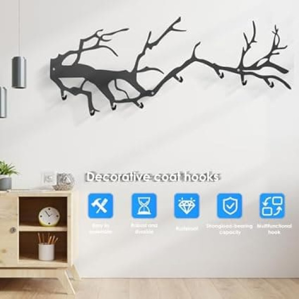Wall Coat Hook, Coat Hook, Wall Hook, Black Metal Hook Rail in Branch Style for Bedroom, Living Room, Bathroom, Kitchen