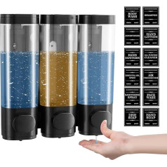 Wall Mounted Soap Dispenser, 3 Chambers, Shower Gel Dispenser, 300 ml, Manual Soap Dispenser, Wall Mounted, No Drilling, Shower Gel Dispenser, Shampoo Dispenser, Soap Dispenser Set for Hotel (Black)