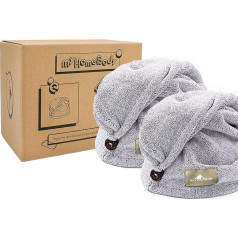 myHomeBody Hair Towel Wrap, Luxury Anti-Frizz Quick Dry Turban, Ultra Soft and Quick Drying Absorbent Carbon Fibre with Coconut Shell Button - Grey - 2 Pack