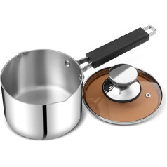 Herogo Stainless Saucepan 16 cm, Triple Stainless Steel Milk Pan with Glass Lid, Small Cooking Pot with Spout, Multi-Purpose Cookware for Ceramic/Electric/Induction, Dishwasher Safe
