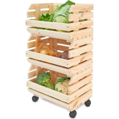 Vegetable Rack 39 x 30 x 75 cm, Shelf for Storing Fruit and Vegetables, Stack Potato Box, Boxes on Wheels, Universal Use, Natural Colour, Pine Wood